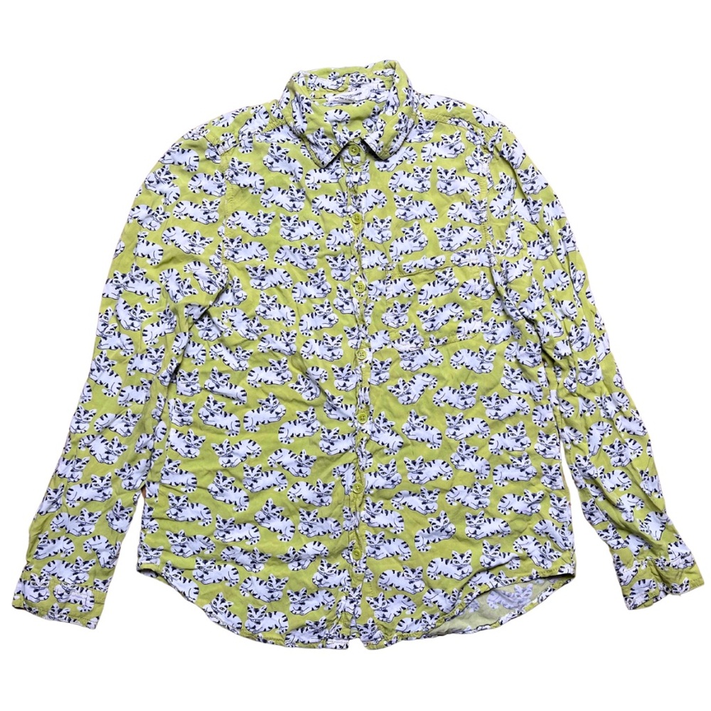 Cat Print Button-Down Shirt Women XS Lime Green Novelty Oversized Soft Comfy Top